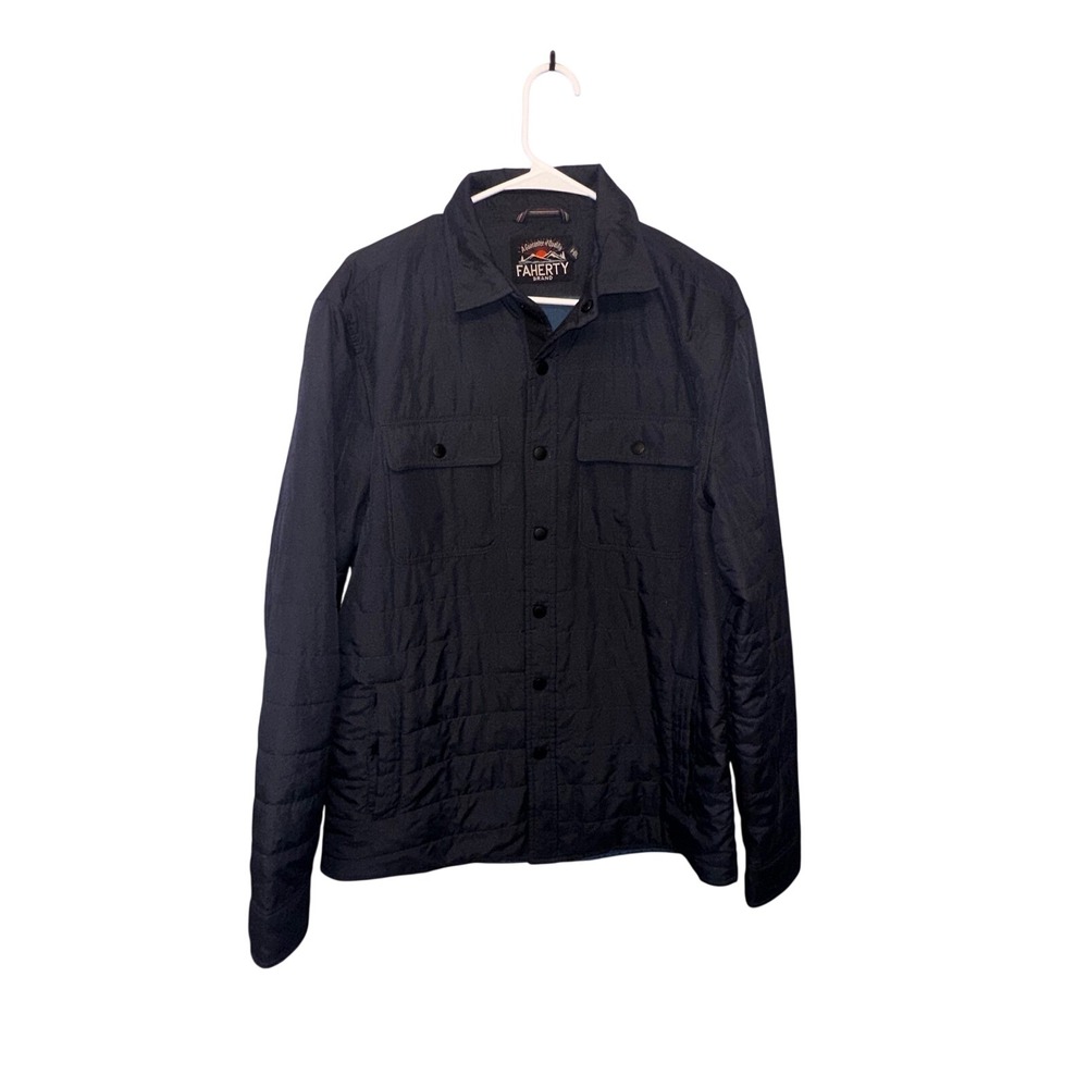 Faherty Mens Quilted Shirt Jacket Navy Blue Snap Front Puffer Shacket Medium